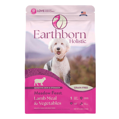 Earthborn Holistic Meadow Feast Lamb Meal & Vegetables Sensitive Skin & Stomach Grain Free Dry Food for Adult Dogs (4 lb. Bag)