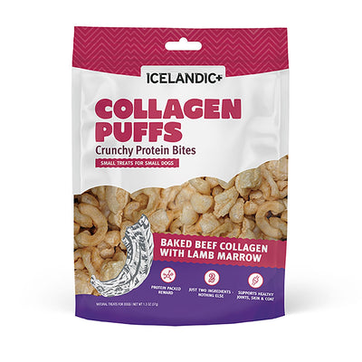 Icelandic+ Collagen Puffs: Baked Beef Collagen with Lamb Marrow 1.3oz - Small Dog Treats, Crunchy Protein Bites