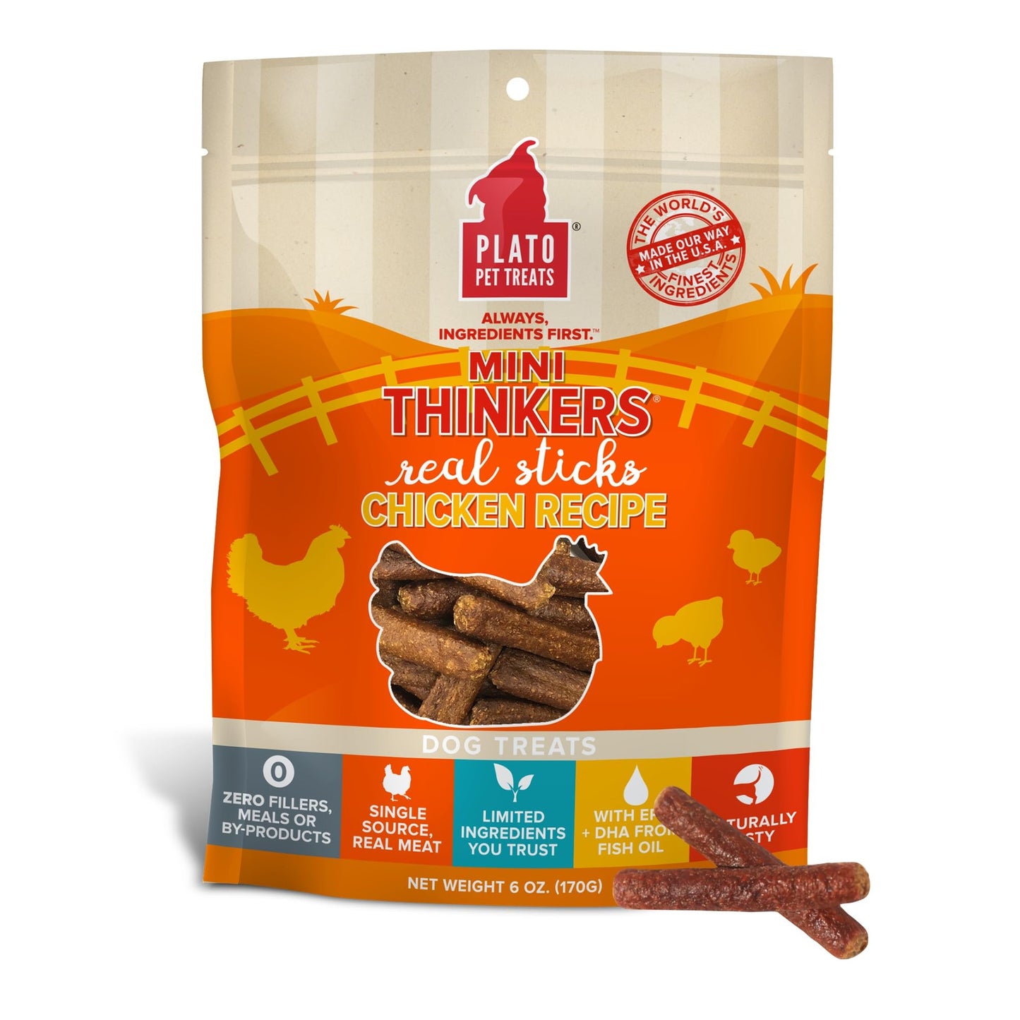 Plato Pet Treats Air Dried Dog Treats Chicken Mini Thinkers Sticks, Natural Dog Treats, Real Meat, Air Dried, Made in the USA, 6oz