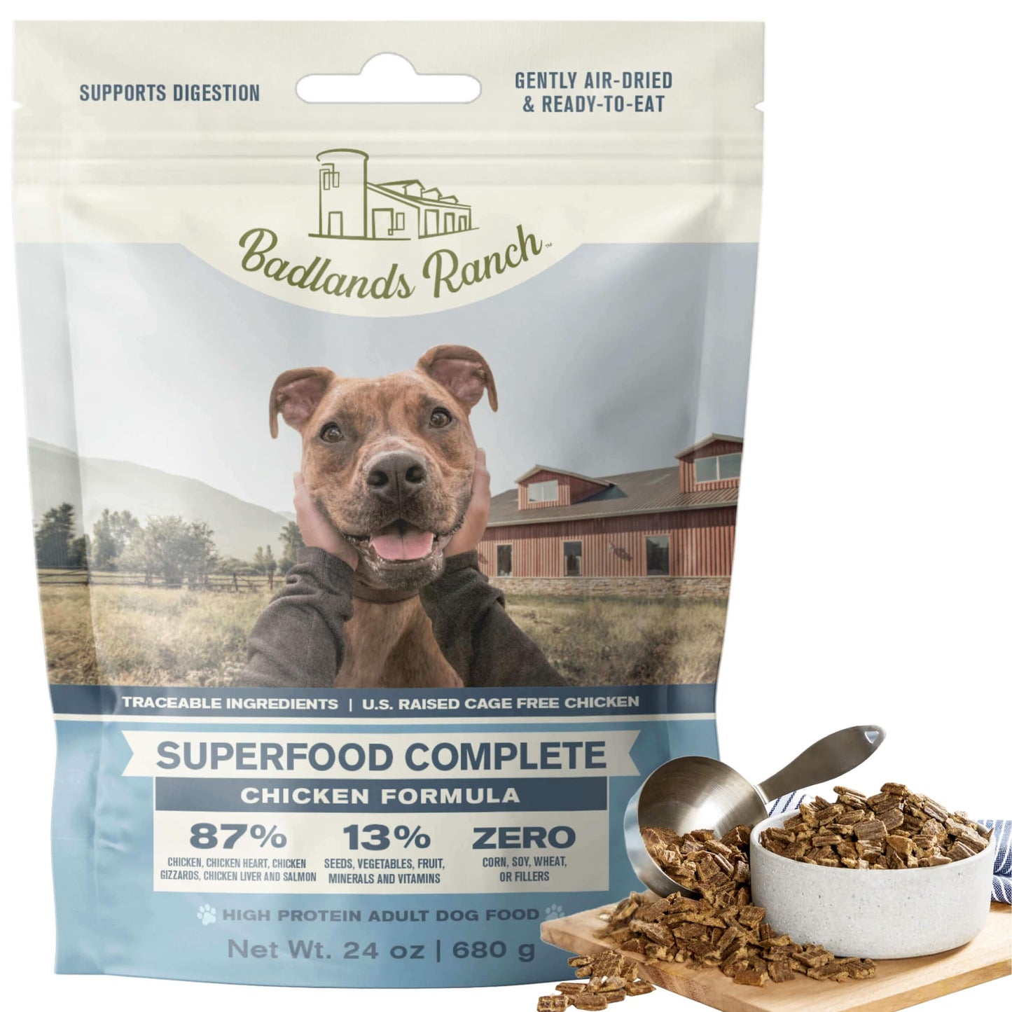 BADLANDS RANCH - Superfood Complete, Air-Dried Adult Dog Food - High Protein, Zero Fillers, Superfood Nutrition by Katherine Heigl (24 oz., Premium Chicken)