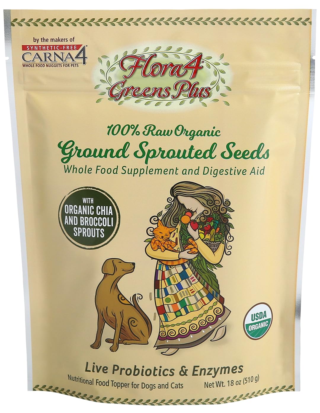 CARNA4 Ground SPROUTED Seeds | FLORA4 Greens Plus 18 OZ