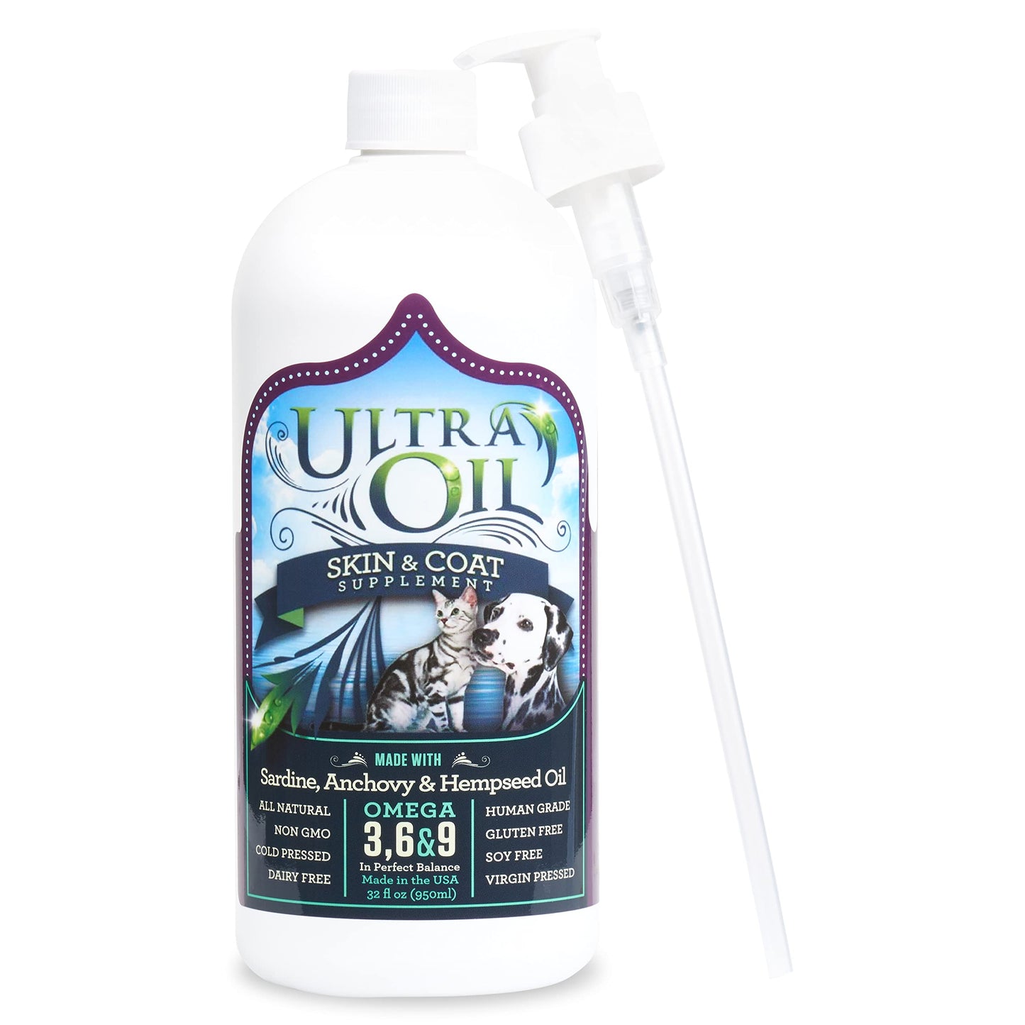 Ultra Oil Dog & Cat Supplement with Hemp, Flaxseed & Fish Oils - 32oz - For Dry Skin, Dull Coat, Hot Spots, Dandruff, Allergies