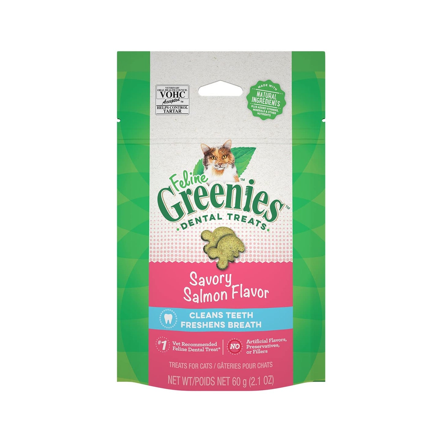 FELINE GREENIES Natural Dental Care Cat Treats Savory Salmon Flavor, 2.1oz. Pouch