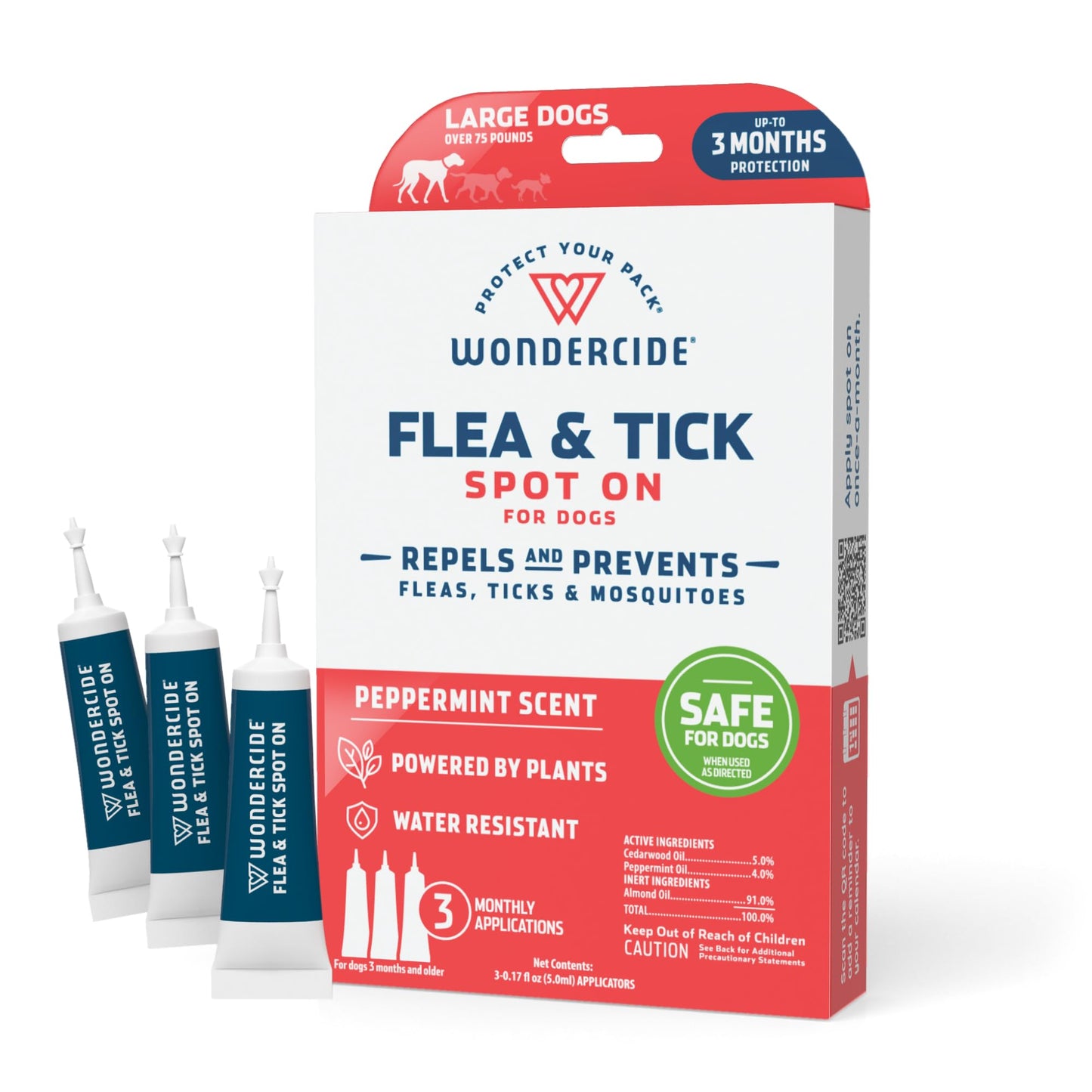 Wondercide - Flea & Tick Dog Spot On - Flea, Tick, and Mosquito Repellent, Prevention for Dogs with Natural Essential Oils - Up to 3 Months Protection - Large 3 Tubes of 0.17 oz