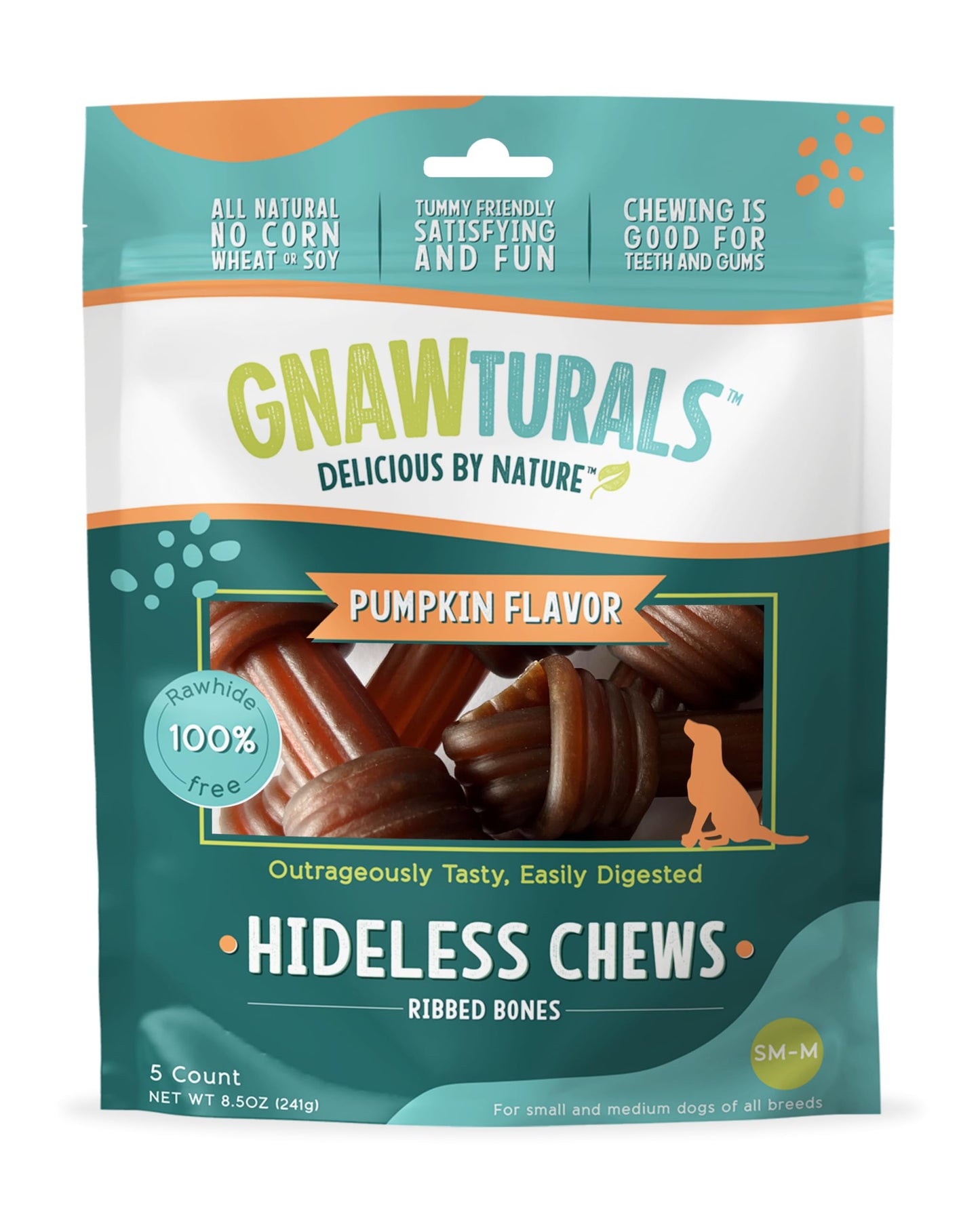 Gnawturals Hideless Chews Ribbed Bones | for Medium Dogs | Rawhide Free, Pumpkin, Psyllium Husk and Chicory Root for Easy Digestion and Overall Gut Health (5 Bones, Pumpkin)