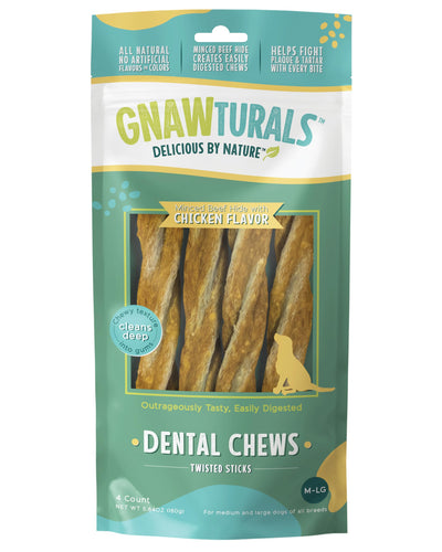 Gnawturals Dental Chews Twisted Sticks | for Large Dogs | Natural Scrubbing Action to Fight Plaque and Tartar While Refreshing Your Dog's Breath (4 Sticks, Chicken)