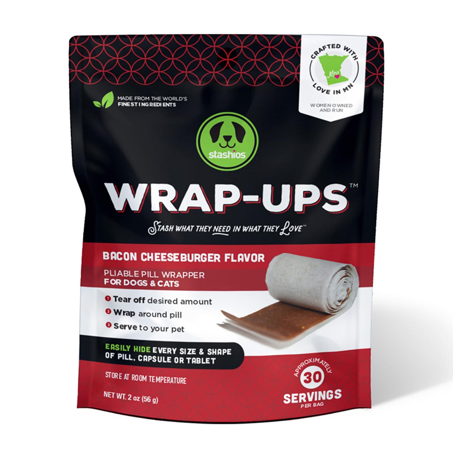 Stashios: Wrap-Ups: Pill Wrapper - Bacon Cheeseburger - 30 Servings Bag, Dogs & Cats, Treat Hides Any Size Pills, All Natural Limited Ingredients, USA