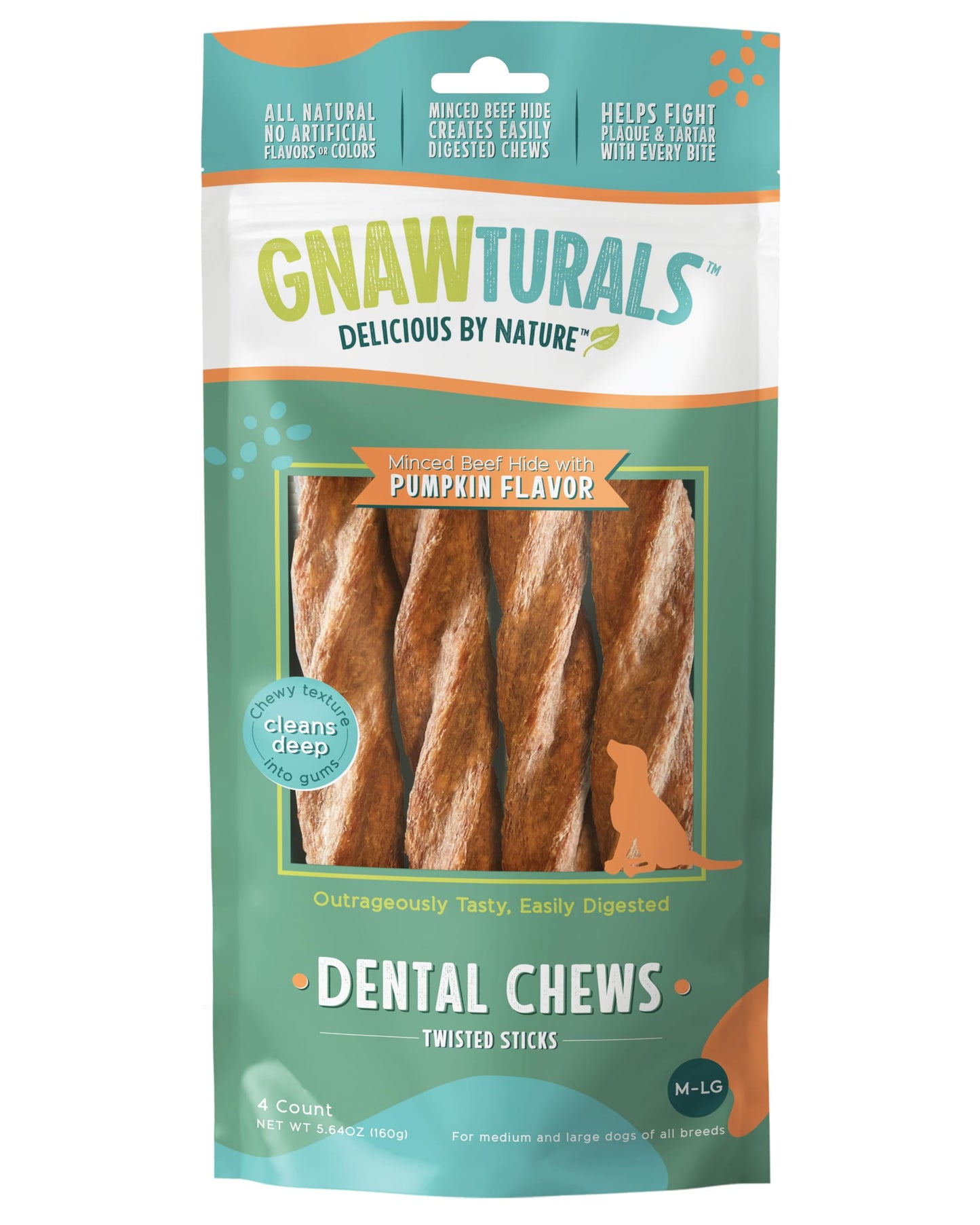 Gnawturals Dental Chews Twisted Sticks | for Large Dogs | Natural Scrubbing Action to Fight Plaque and Tartar While Refreshing Your Dog's Breathh (4 Sticks, Pumpkin)