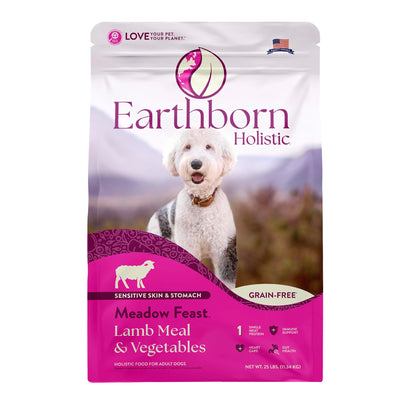 Earthborn Holistic Meadow Feast Lamb Meal & Vegetables Grain-Free Sensitive Skin & Stomach Dry Food for Adult Dogs (25 lb. Bag)