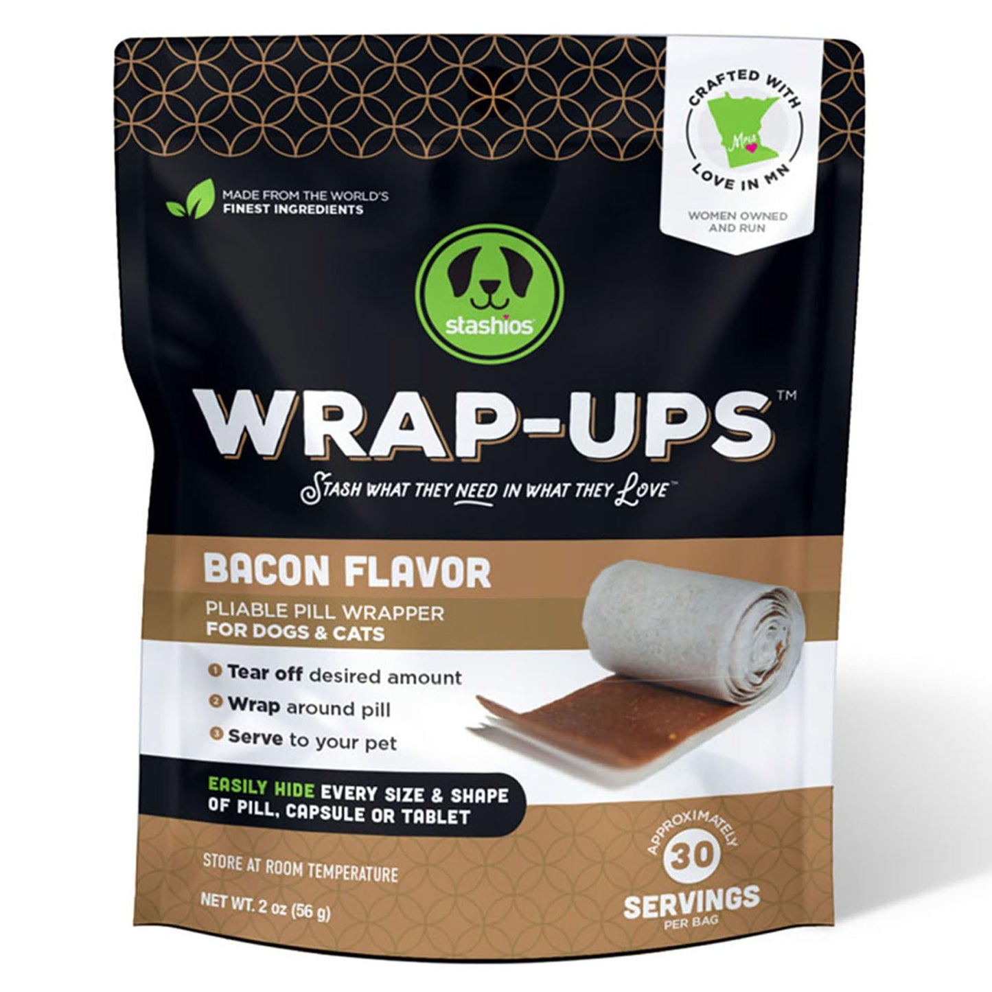 Stashios: Wrap-Ups: Pill Wrapper - Bacon - 30 Servings Bag, Dogs & Cats, Pet Treat Hides Any Size Pills, All Natural Limited Ingredients, USA Made