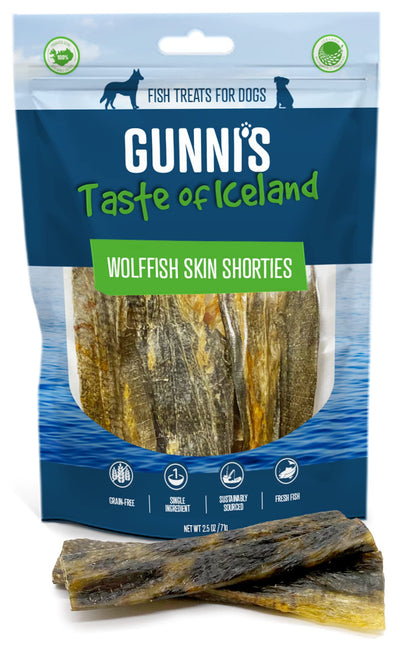 Gunnis Wolffish Skin Shorties Chewy Fish Dog Treats, 2.5 Ounce Bag