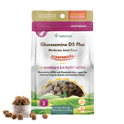 NaturVet Scoopables Dog Joint Supplement - Glucosamine DS Plus Level 2 Moderate Hip & Joint Care for Dogs w/Chondroitin & MSM - Hickory Smoked Bacon Flavored Pet Health Supplements | 11oz Bag