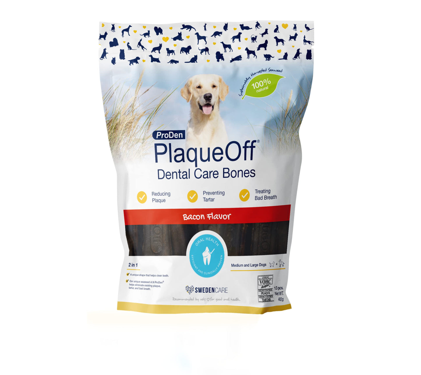 ProDen PlaqueOff System Dental Care Bones - Dog Teeth Cleaning Bones for Oral Hygiene -Medium/Large Canine Formula - Bacon Flavor -17 oz(Packaging May Vary)