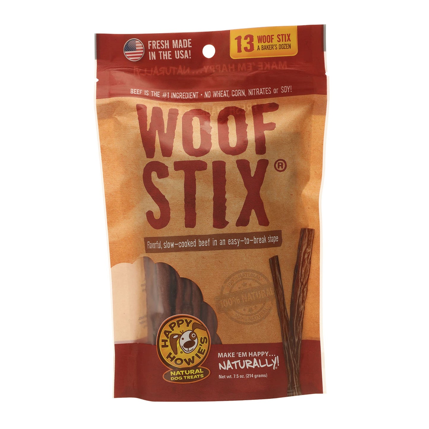 Happy Howie's Natural Dog Treats - Healthy Dog Treats & Training Tool, Made with Real Beef & Natural Ingredients, Chewy & Soft Dog Treats, Hormone Free - Beef Woof Stix (13 Stix)