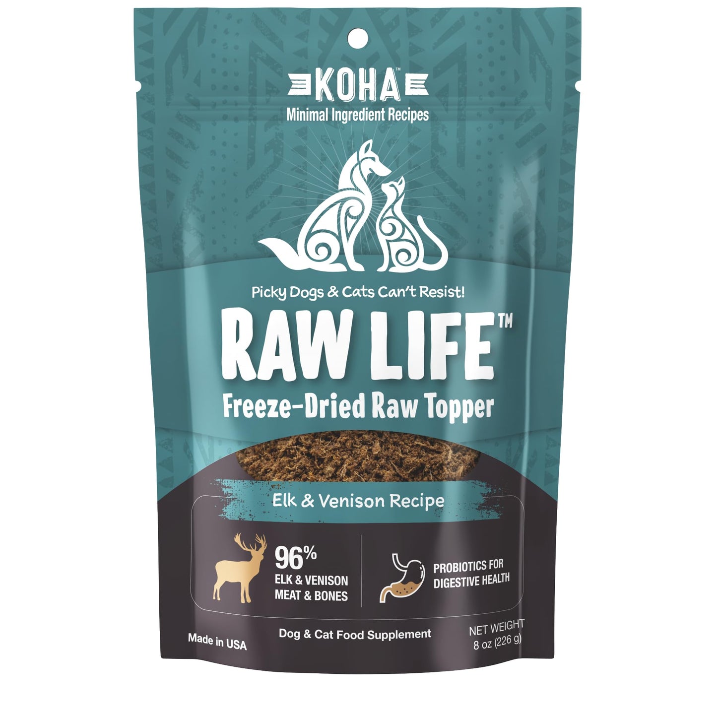 KOHA Raw Life Freeze-Dried Raw Topper Elk & Venison for Dogs and Cats, High Protein Meal Topper for Picky Eaters with Probiotics, 8oz Bag