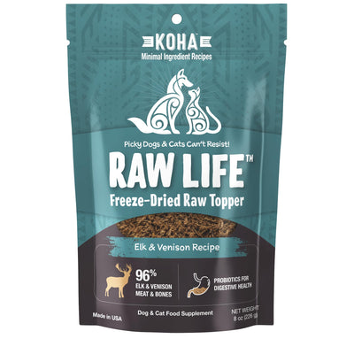 KOHA Raw Life Freeze-Dried Raw Topper Elk & Venison for Dogs and Cats, High Protein Meal Topper for Picky Eaters with Probiotics, 8oz Bag