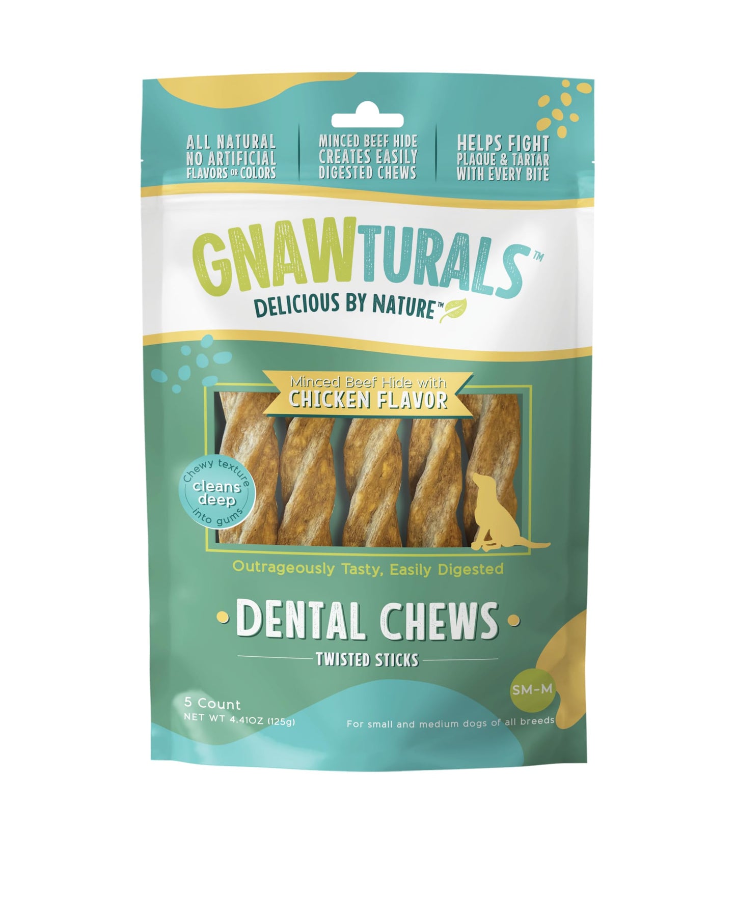 Gnawturals Dental Chews Twisted Sticks | for Medium Dogs | Natural Scrubbing Action to Fight Plaque and Tartar While Refreshing Your Dog's Breath (5 Sticks, Chicken)