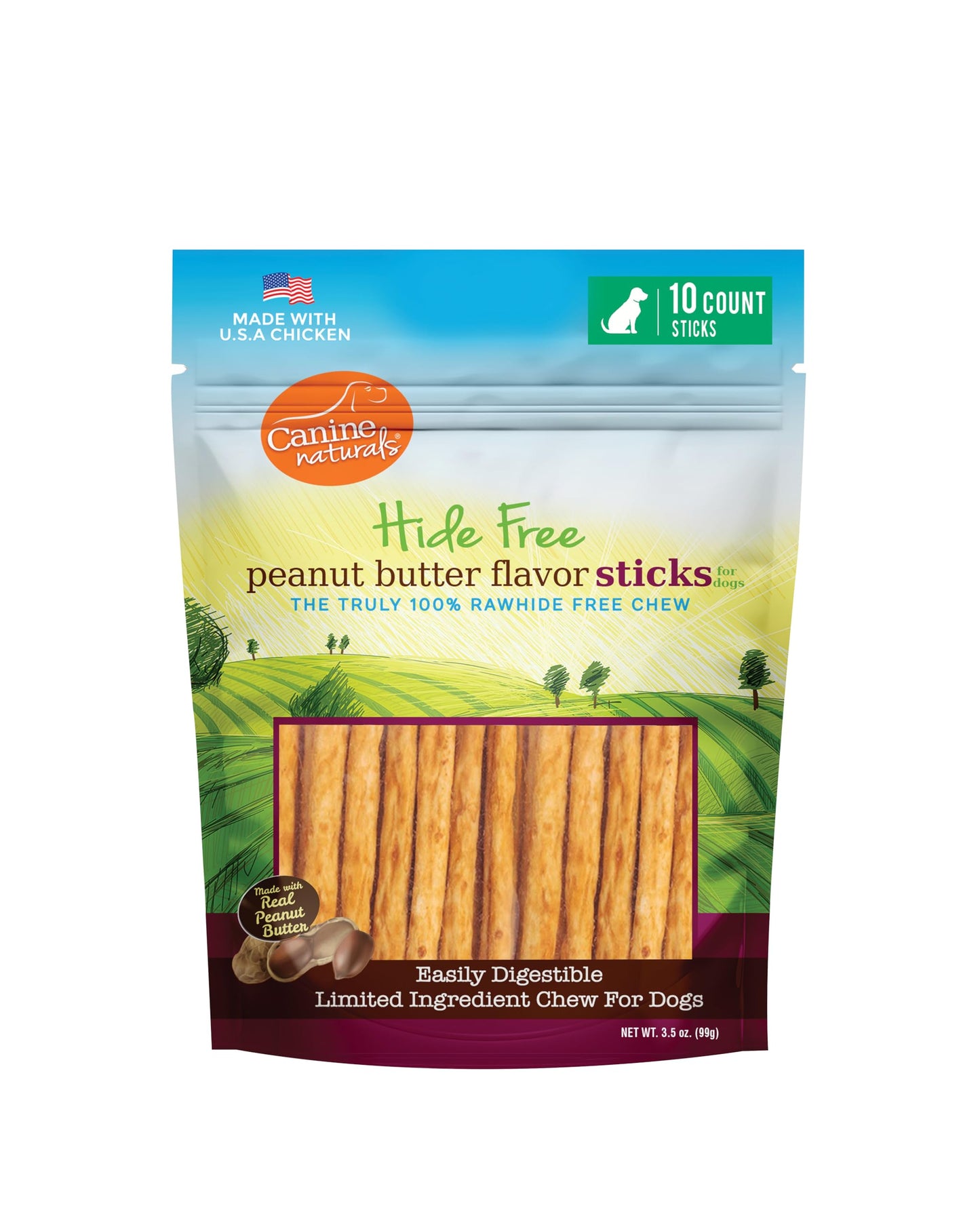 Canine Naturals Peanut Butter Chew - Rawhide Free and Dog Treats - Made from Real Peanut Butter - All-Natural and Easily Digestible - 10 Pack of 5 Inch Stick Chews