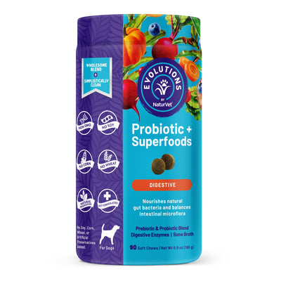 NaturVet Evolutions Probiotic & Superfoods 90ct Soft Chews for Dogs - Prebiotic & Probiotic Blend, Digestive Enzymes, Bone Broth, Omega's - Nourishes Natural Gut Bacteria and Intestinal Microflora