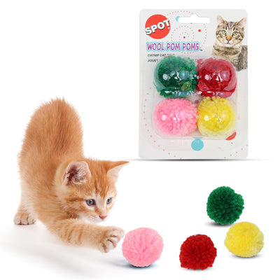 SPOT Ethical Wool Pom Poms with Catnip Cat Toy, 4-Pack