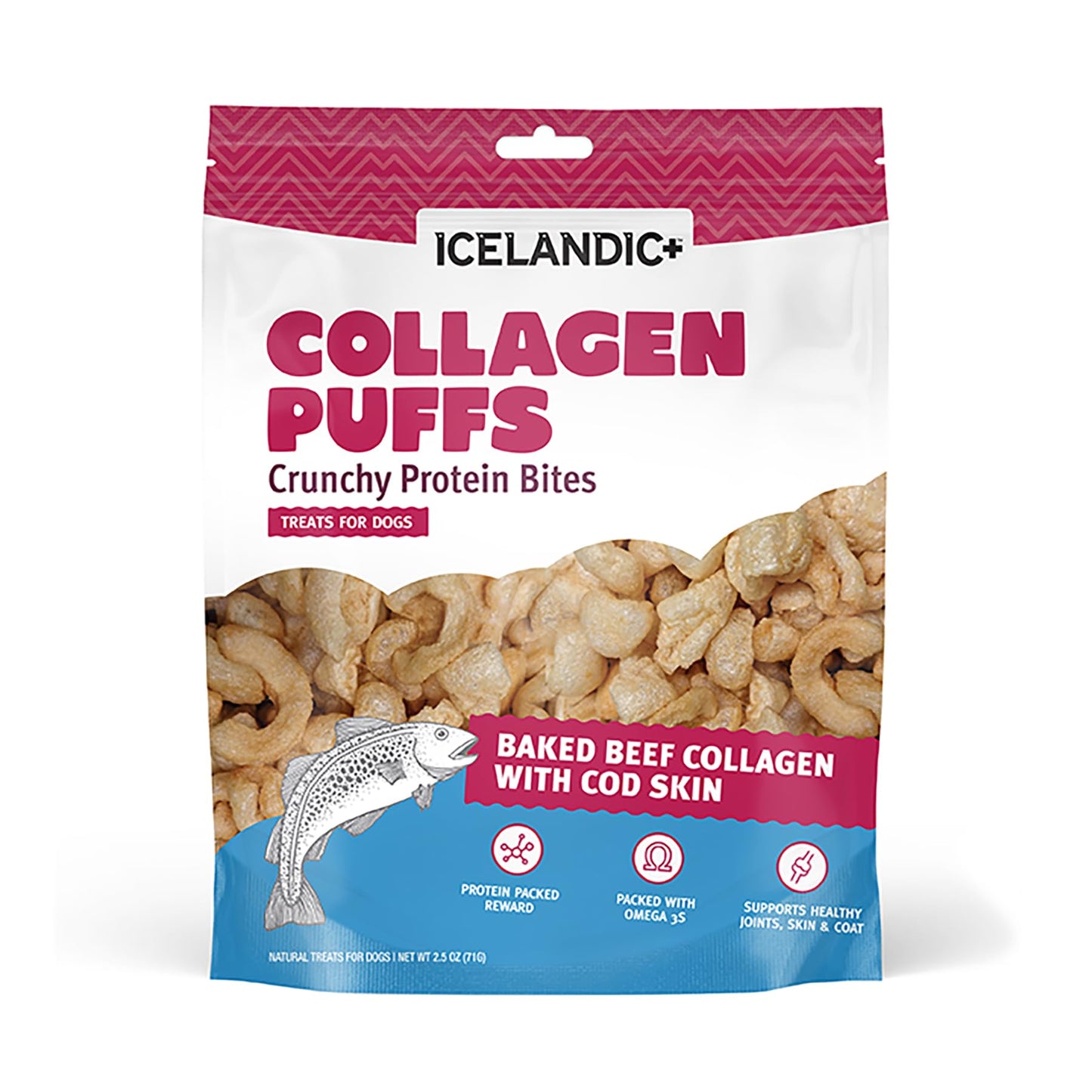 Icelandic+ Collagen Puffs: Baked Beef Collagen with Cod Skin 2.5oz - Treats for Med-Lg Dogs, Crunchy Protein Bites