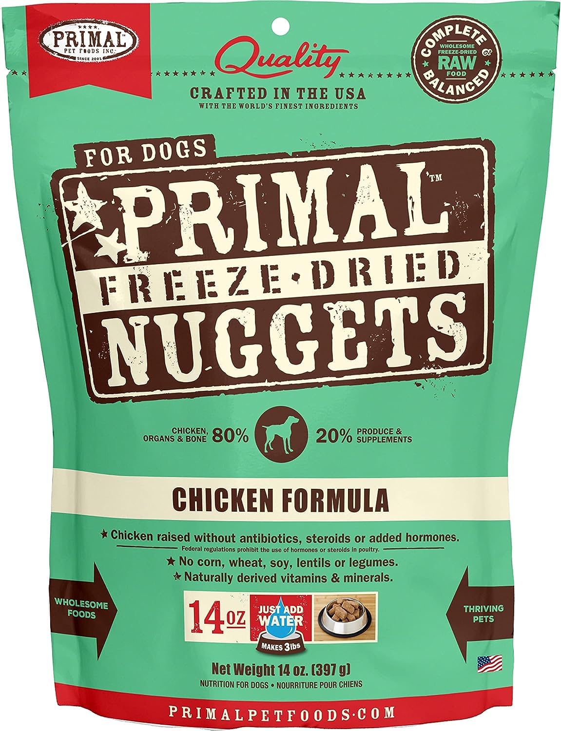 Primal Freeze Dried Dog Food Nuggets, Chicken; Complete Balanced Meal, Topper or Treat; Premium, Healthy, Grain Free, High Protein Raw Dog Food, 14 oz