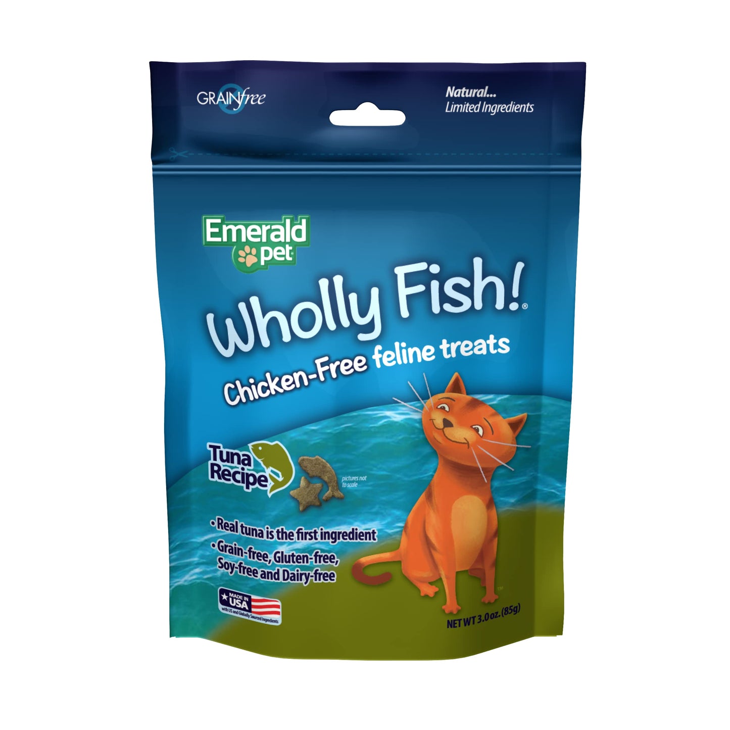 Emerald Pet Wholly Fish! Chicken-Free Feline Treats, Tuna Recipe - Tasty and Crunchy Tuna Cat Treats with Real Tuna - Chicken Free, Grain Free, Natural Cat Treats - Made in USA, 3 oz