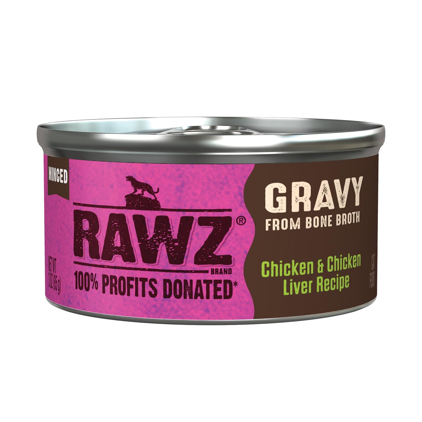 Rawz Natural Premium Minced Canned Cat Food in Gravy from Bone Broth - Made with Real Meat Ingredients No BPA & Gums - (3 Ounce cans) (Pack of 18), Chicken & Chicken Liver