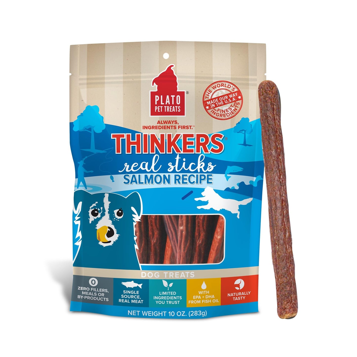 Plato Pet Treats Air Dried Dog Treats Salmon Thinkers Sticks, Natural Dog Treats, Real Meat, Air Dried, Made in the USA, 10oz