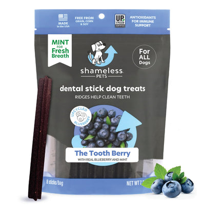 Shameless Pets Dental Treats for Dogs, The Tooth Berry - Healthy Dental Sticks with Immune Support for Teeth Cleaning & Fresh Breath - Dog Bones Dental Chews Free from Grain, Corn & Soy