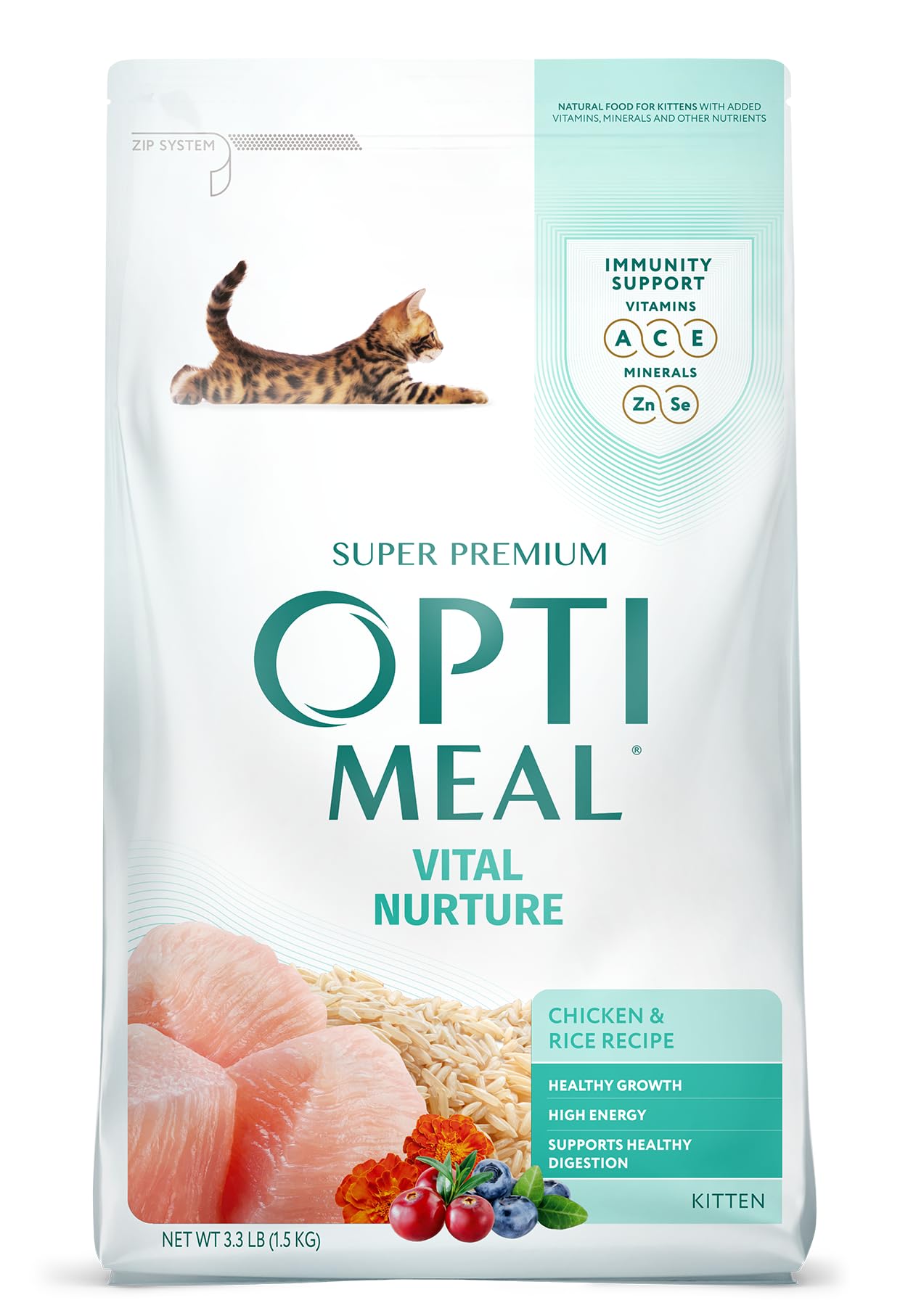 Optimeal Vital Nurture Kitten Food - Kitten Food Dry Chicken and Rice Recipe for Healthy Growth, High Energy, and Healthy Digestion and Immunity Support, Pack of 2 Cat Food Carton Tubes 1.4lbs Each