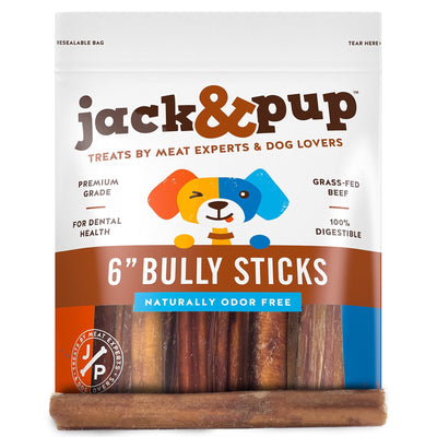 Jack&Pup 6 Inch Bully Sticks for Medium Dogs | Thick Odor Free Bully Sticks Long Lasting | All Natural, 100% Beef Pizzle Sticks (Thick 5, Pack)