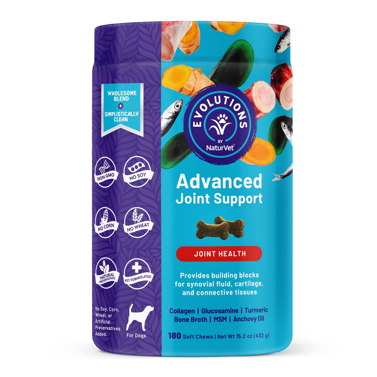 Evolutions by NaturVet Advanced Joint Support 180ct Soft Chews for Dogs - Anchovy Oil, Bone Broth, Collagen, Glucosamine, Turmeric, MSM - Helps Support Synovial Fluid, Cartilage, Connective Tissues