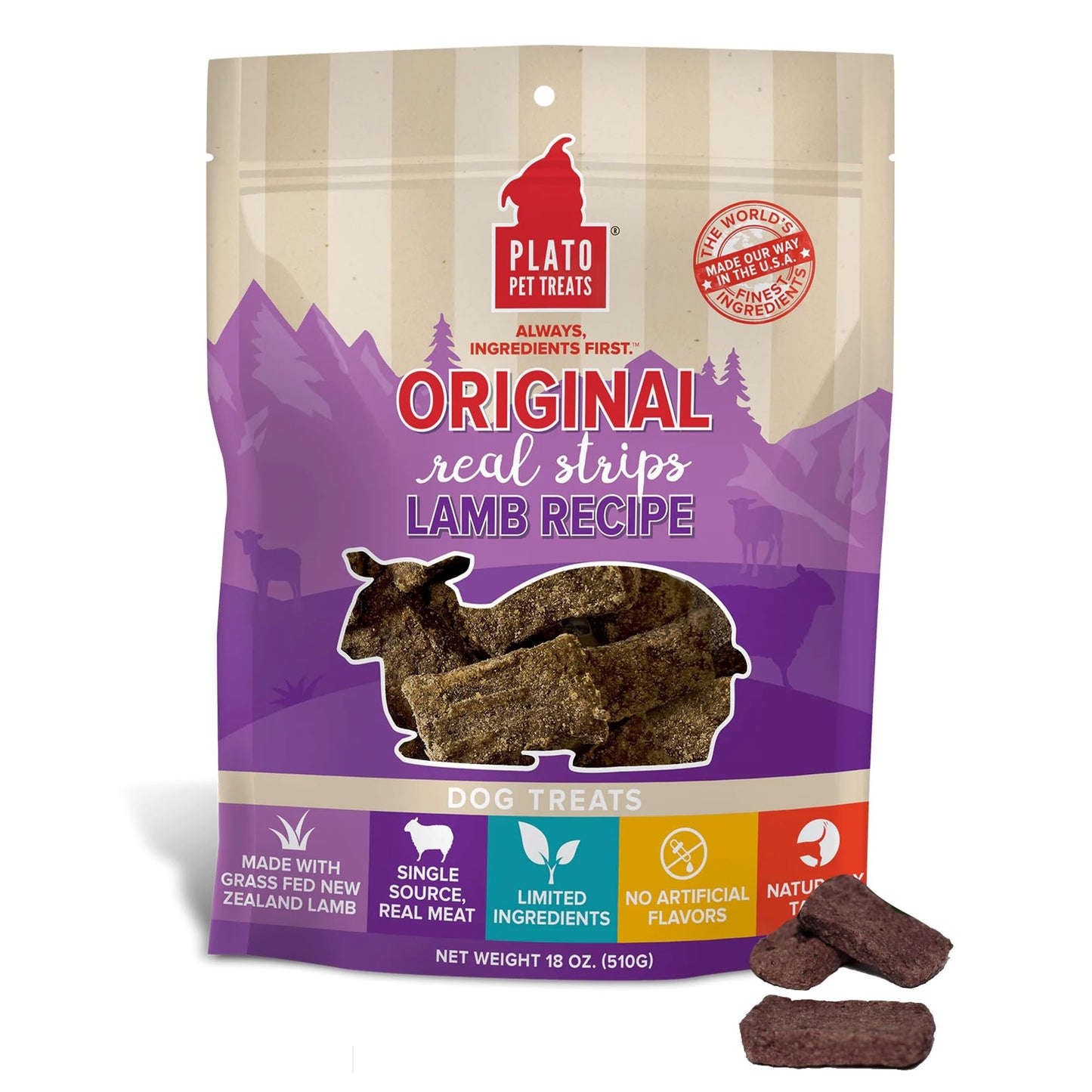 PLATO Pet Treats Real Strips - Air-Dried Meat Bars for Dogs - Delicious, Limited Ingredient Dog Treats - Grain Free Dog Treats - Original Real Strips Lamb 6oz