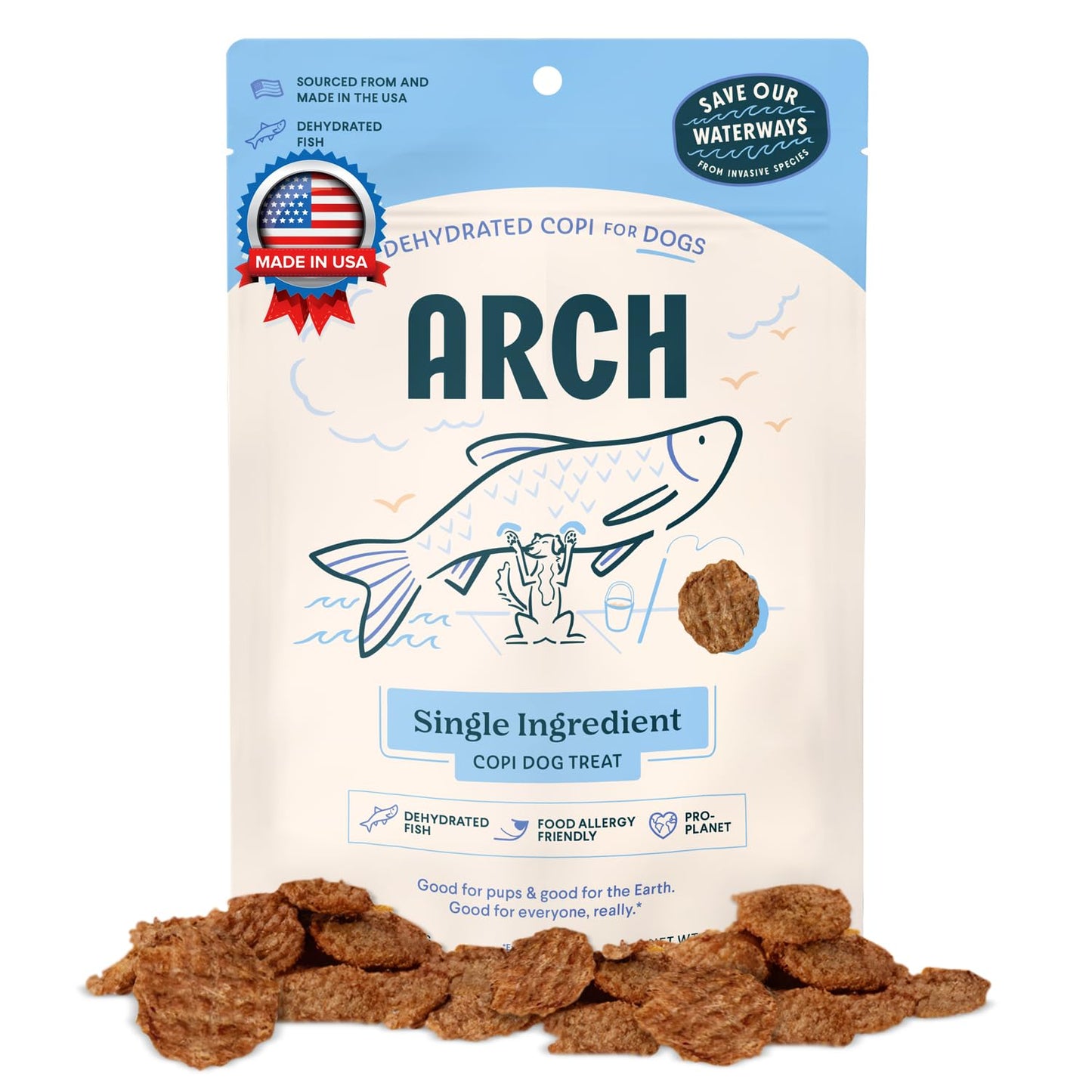 Arch Dehydrated Copi Dog Treats | Omega-Rich, Hypoallergenic, Made in The USA, Gluten-Free, Eco-Friendly | High Protein, Single Ingredient, High Value | Sensitive Stomach Approved | Wild Caught Fish