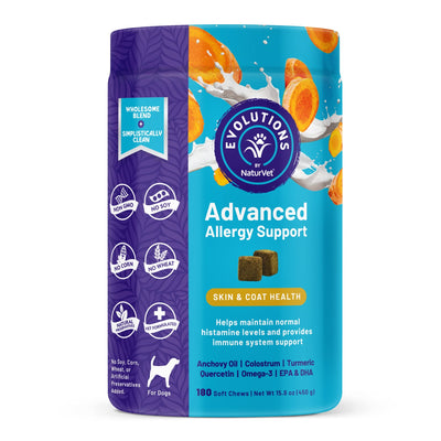 NaturVet Evolutions Advanced Allergy Support 180ct Soft Chews for Dogs - Omega-3, Anchovy Oil, Colostrum, Turmeric, Quercetin, Probiotic - Help Maintain Normal Histamine Levels