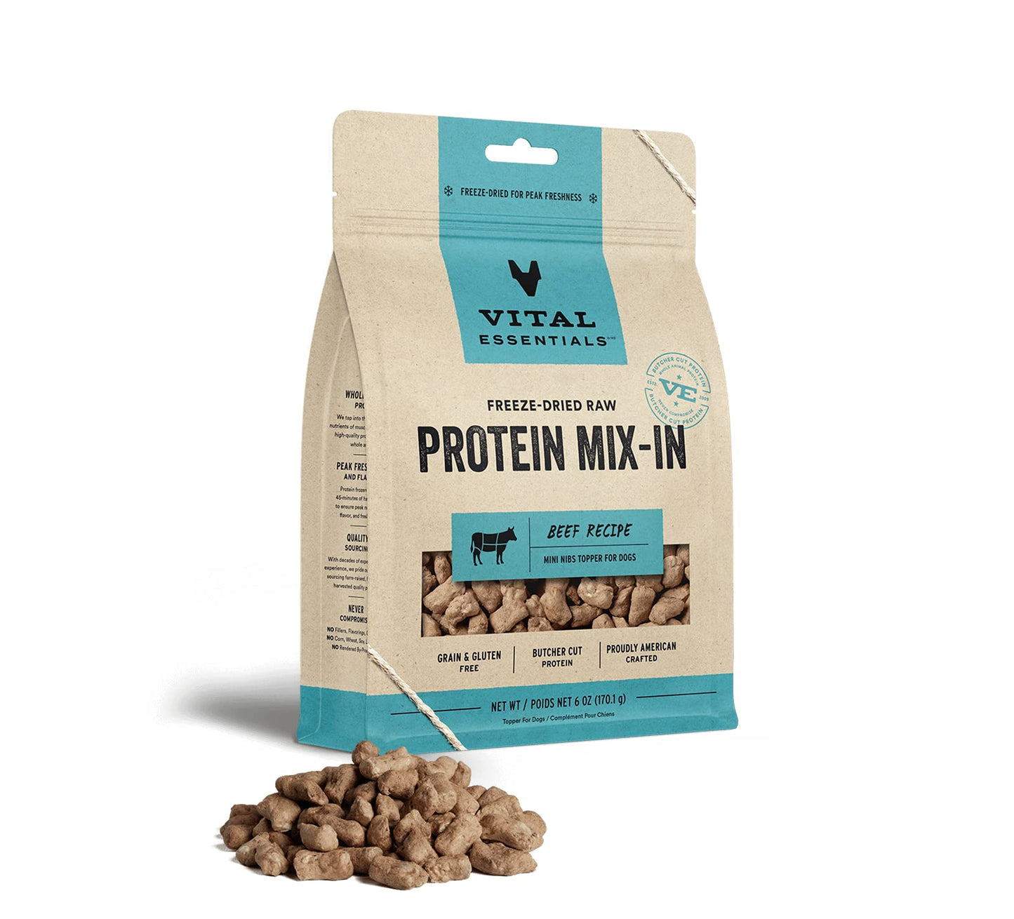 Vital Essentials Freeze Dried Raw Protein Mix-in Dog Food Topper, Beef Mini Nibs Topper for Dogs, 6 oz