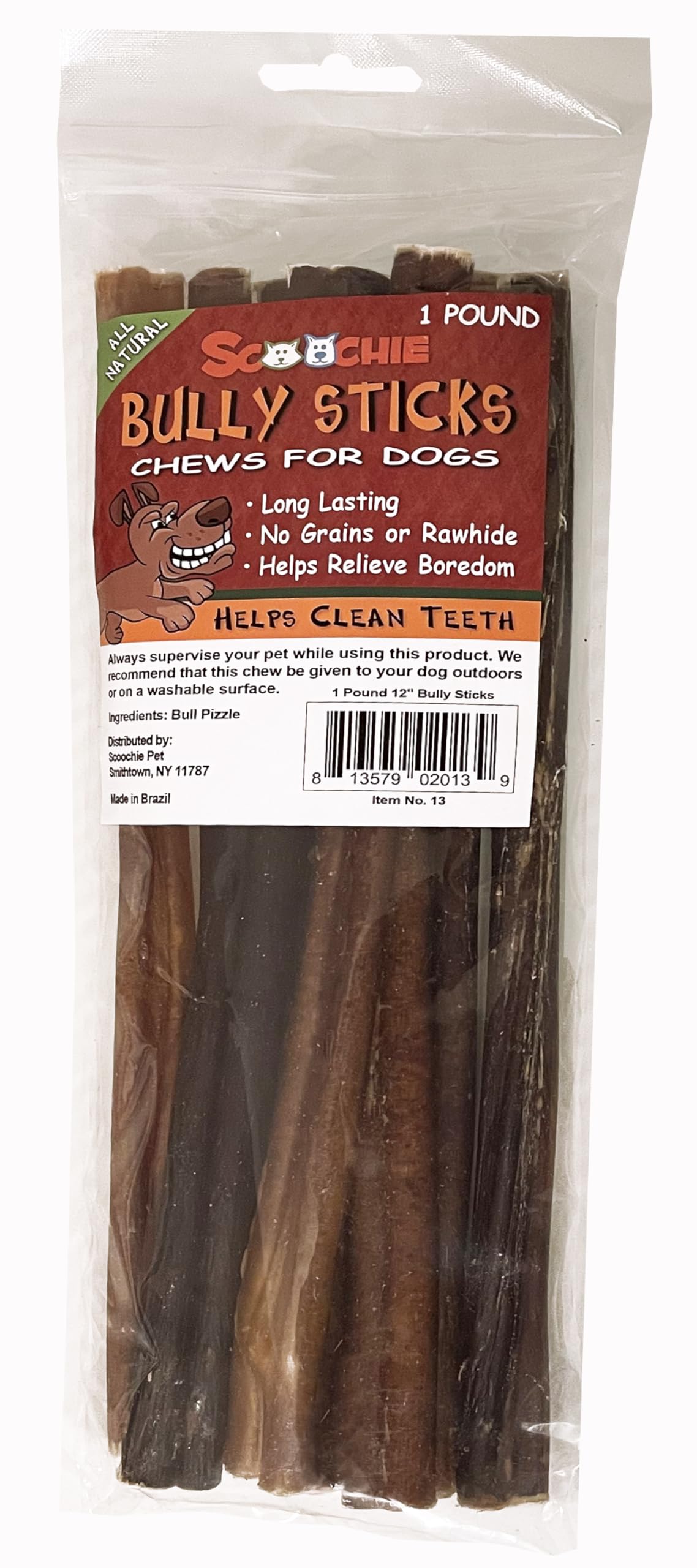 Scoochie Pet 1 Pound 12 Inch Bully Sticks in Zip Lock Bag, Chews for Dogs, Pet Snacks and Treats