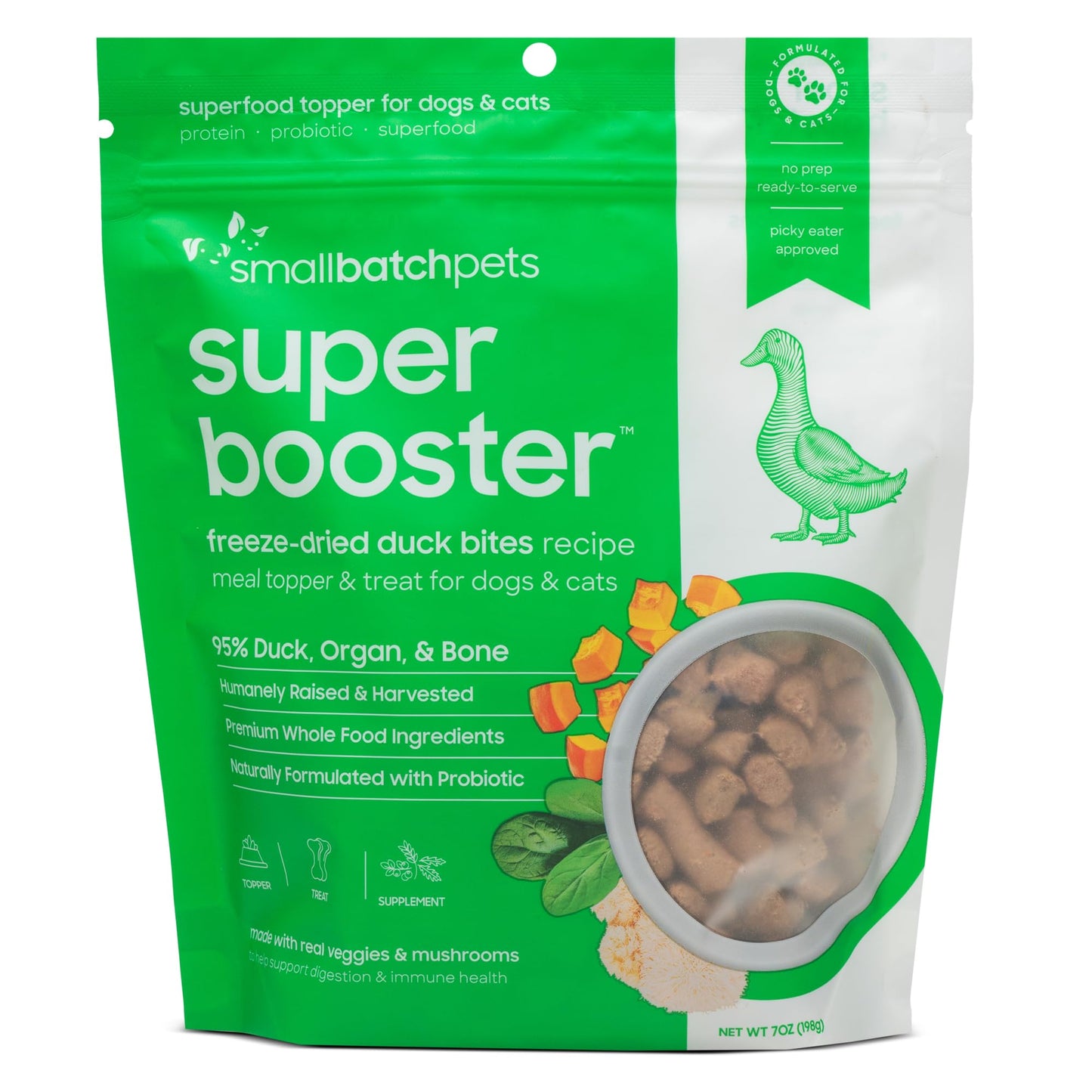 smallbatch Pets Freeze-Dried Super Booster Duck Bites for Dogs & Cats, 7 oz, Made in The USA, Organic Produce, Humanely Sourced Meat, Single Source Protein, Mixer & Topper, Mushrooms and Probiotics