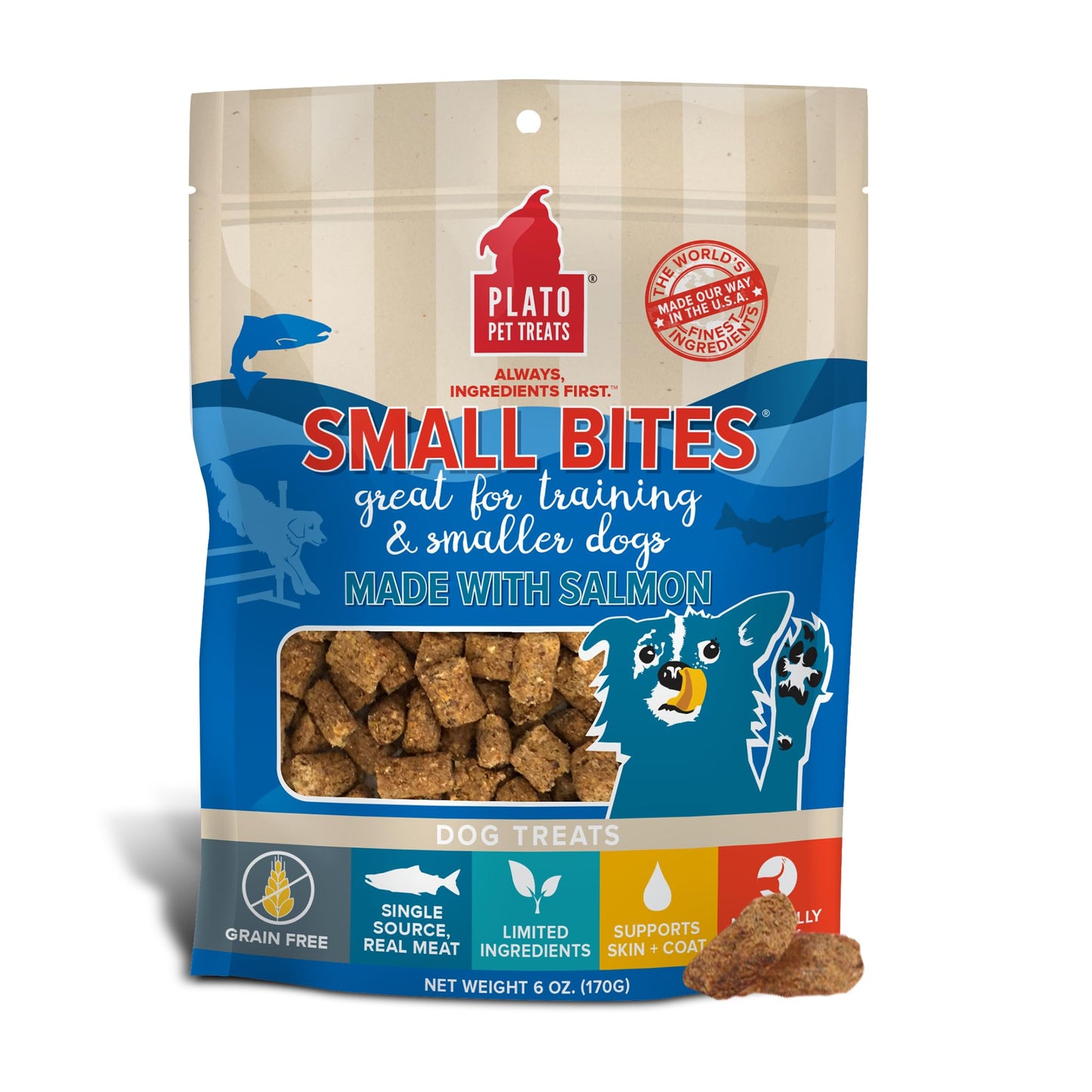 PLATO Small Bites Dog Treats, Natural Bite Sized Real Meat & Salmon Flavor, Grain Free & High in Protein, Air Dried Authentic Ingredients, 2 Calories Per Treat, Made in the USA, 6 Ounces