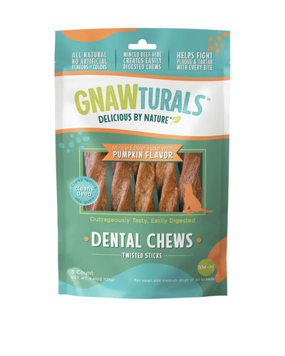 Gnawturals Dental Chews Twisted Sticks | for Medium Dogs | Natural Scrubbing Action to Fight Plaque and Tartar While Refreshing Your Dog's Breath (5 Sticks, Pumpkin)