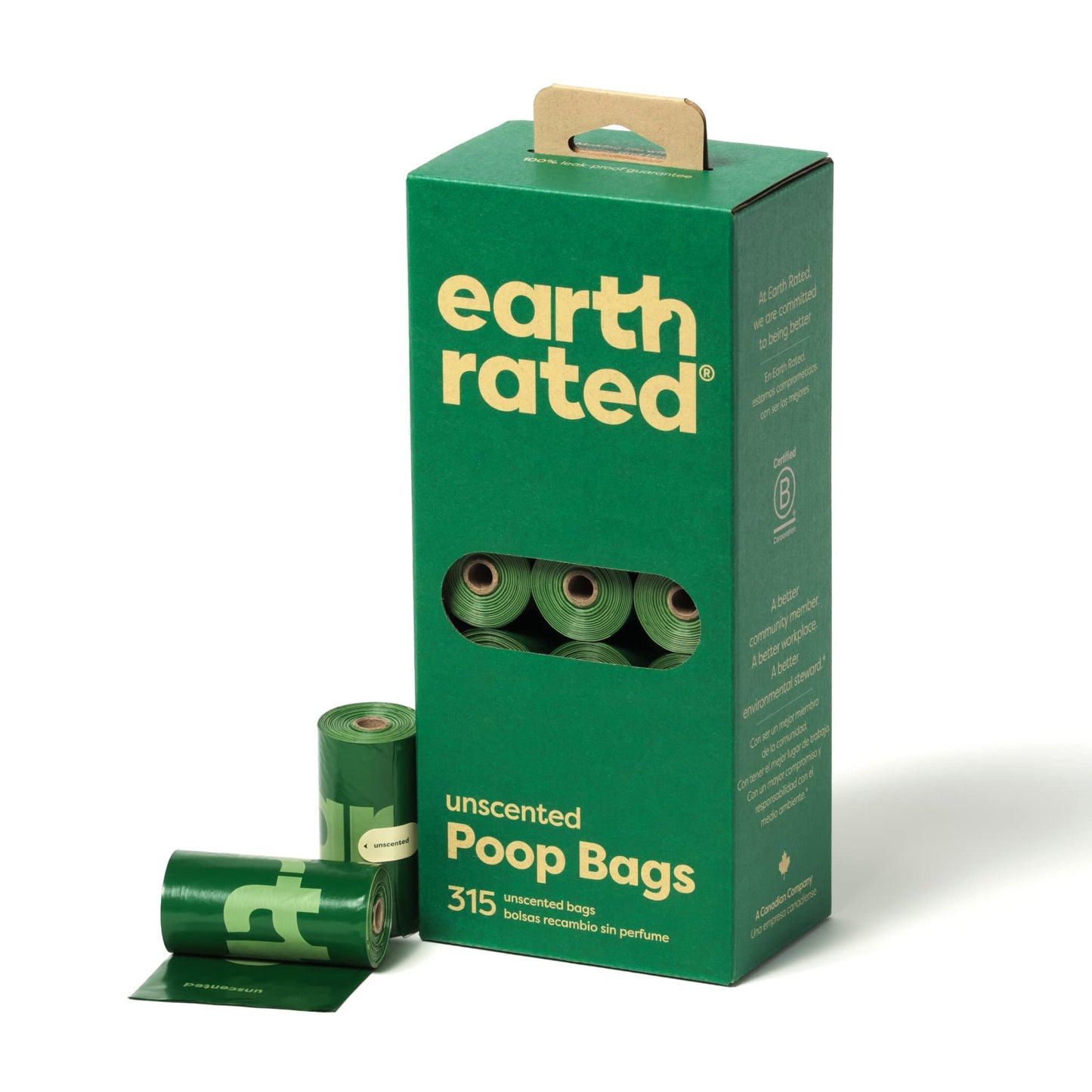 Earth Rated Dog Poop Bags, Guaranteed Leakproof and Extra Thick Waste Bag Single Refill Rolls for Dogs, Unscented, 315 Count