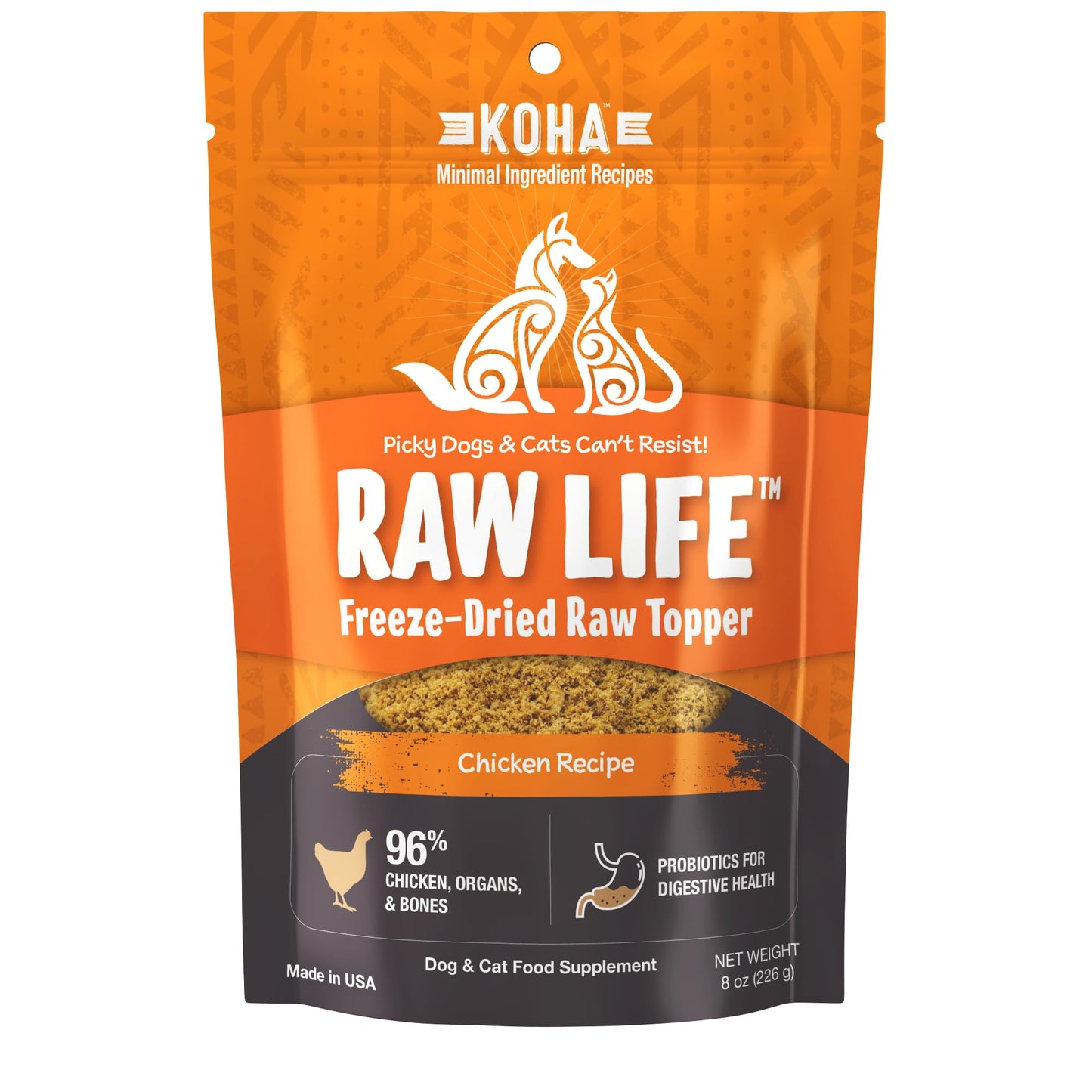 KOHA Raw Life Freeze-Dried Raw Topper Chicken, for Dogs and Cats, High Protein Meal Topper for Picky Eaters with Probiotics, 8oz Bag