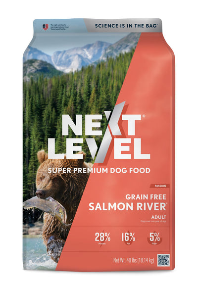 Next Level Super Premium Dog Food - Grain Free Salmon River - Dry Kibble for Dogs at All Life Stages of All Breeds - 28% Protein, Fish and Sweet Potato, Gluten Free Grains