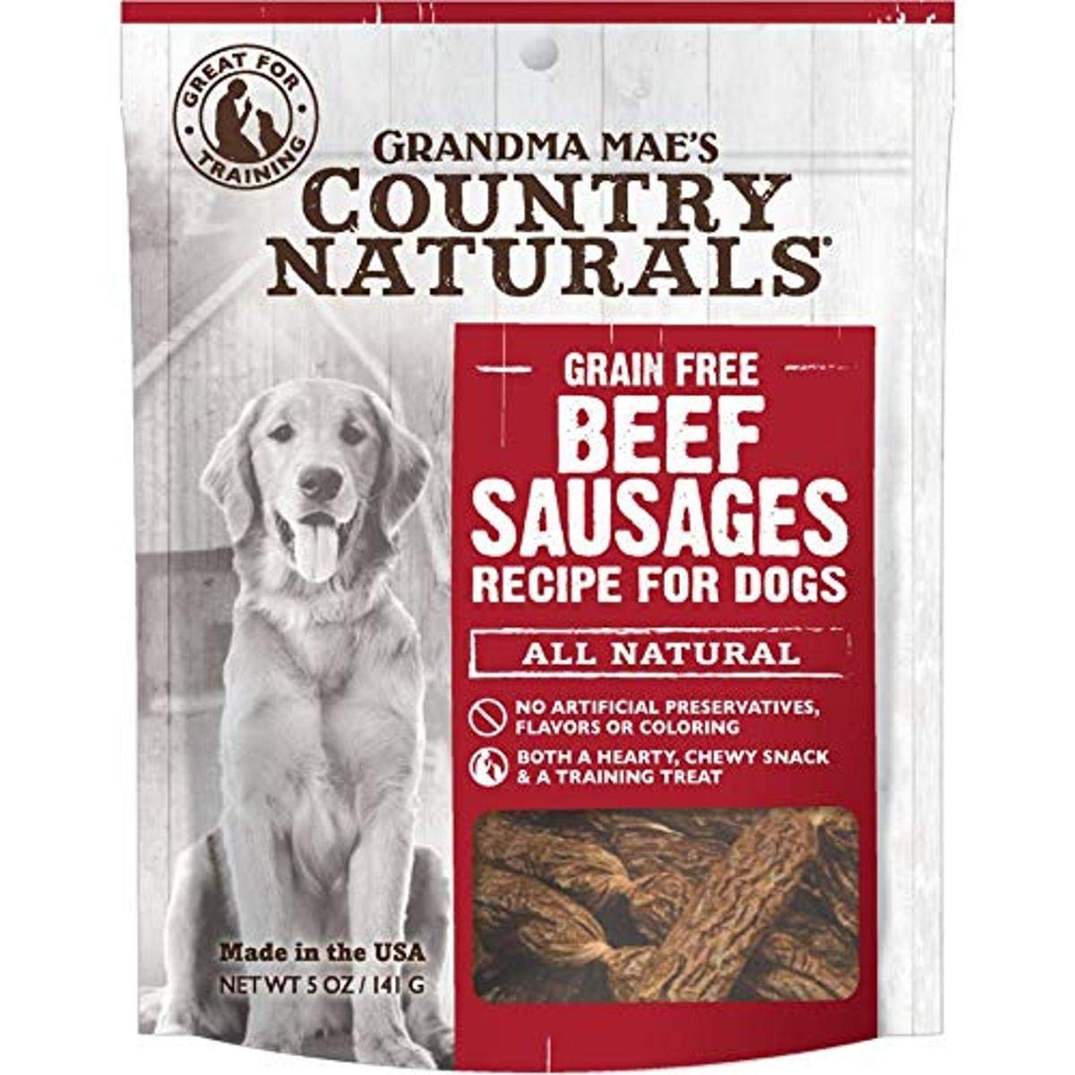 Grandma Mae's Country Naturals Grain Free Beef Sausages Chewy Dog Treats, 5 Ounces