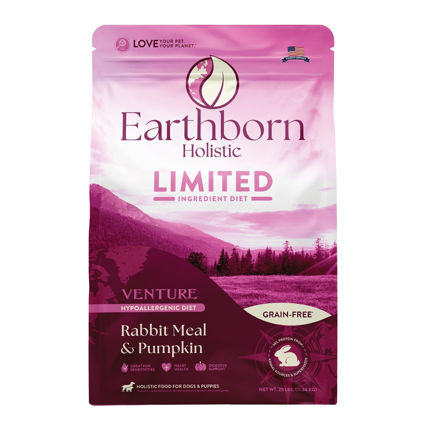 Earthborn Holistic Venture Rabbit Meal & Pumpkin Limited Ingredient Diet Grain-Free Dry Food for Dogs & Puppies (25 lb. Bag)