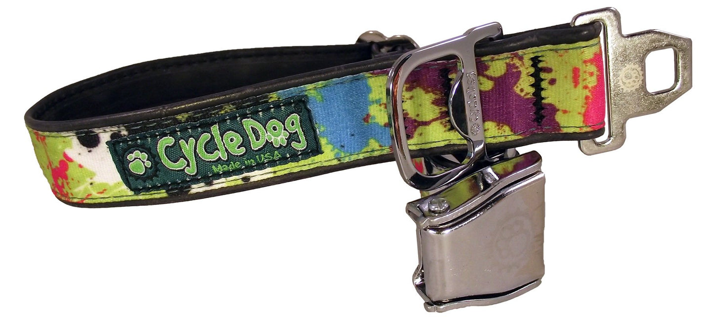 Cycle Dog Bottle Opener Recycled Dog Collar with Seatbelt Metal Buckle, Green, Base Paint Splatter, Medium