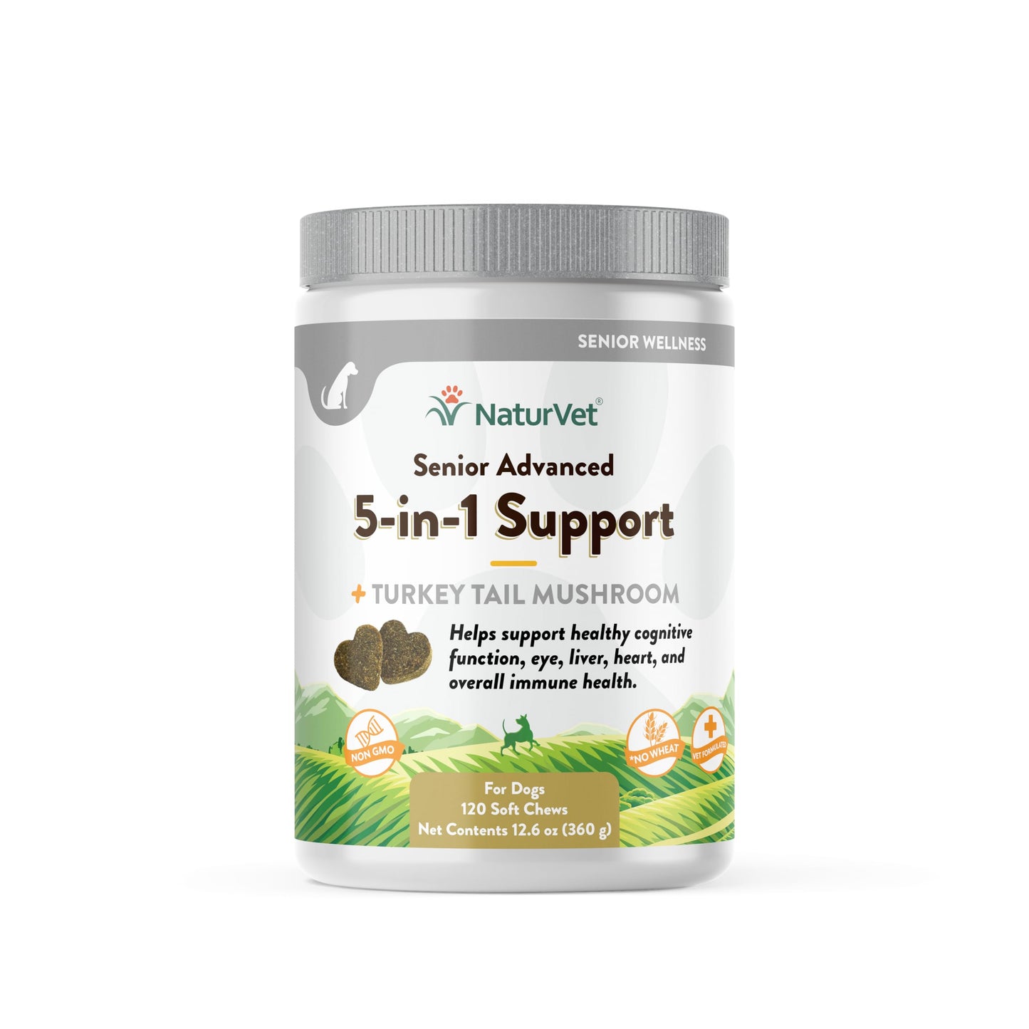 NaturVet Senior Advanced 5-in-1 Support Dog Supplement - Helps Support Immune System, Heart, Liver, Cognitive Function, Eye Health - Includes Ginkgo Biloba, Lutein - 120 Ct.