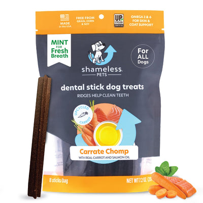 Shameless Pets Dental Treats for Dogs, Carrate Chomp - Healthy Dental Sticks with Skin & Coat Support for Teeth Cleaning & Fresh Breath - Dog Bones Dental Chews Free from Grain, Corn & Soy