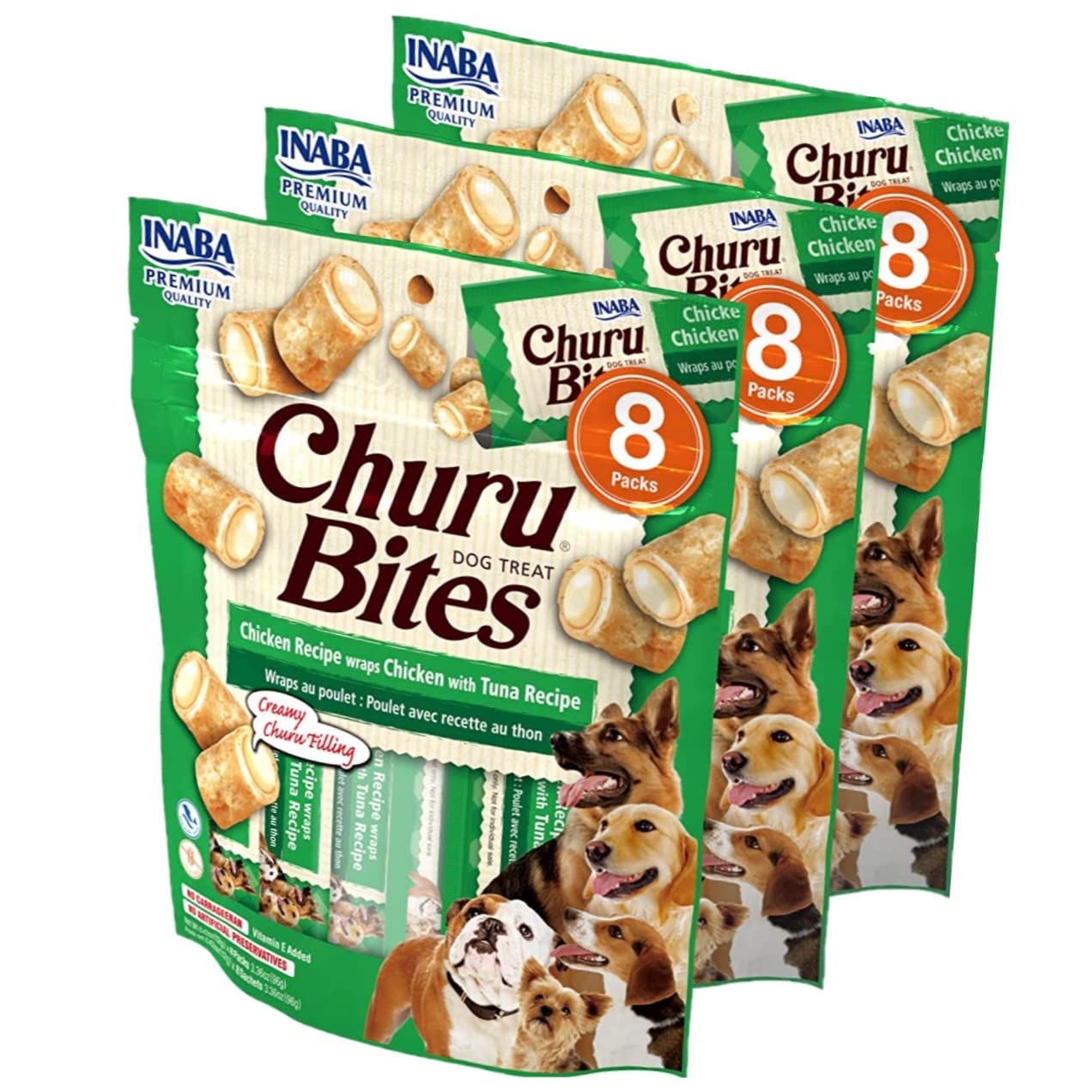 INABA Churu Bites for Dogs, Grain-Free, Soft/Chewy Baked Chicken Wrapped Churu Filled Dog Treats, 0.42 Ounces Each Tube | 8 Tubes Total